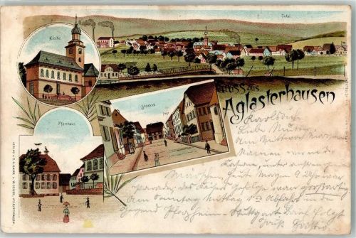 74858 W6955 Aglasterhausen 1899 Lithographie Pfarrhaus Post Dorfkirche