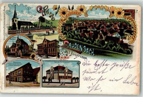 69514 W6947 Laudenbach , Bergstr 1901 Lithographie Altes Schulhaus Gasthaus zum weissen Schwanen Villa Hartmann Neue Schule
