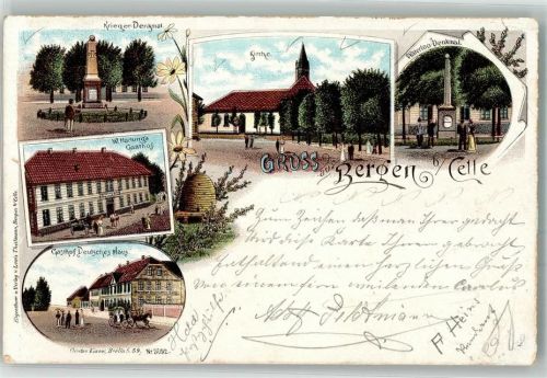Bergen 1898 Bienenkorb Gasthaus Deutsches Haus Kriegerdenkmal Waterloo-Denkmal