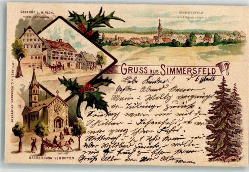 72226 W7275 Simmersfeld 1900 Lithographie Gasthaus zum Hirsch Kirche Vogelbeeren