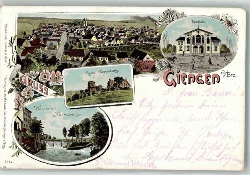 89522 W7928 Giengen an der Brenz 1898 Lithographie Wasserfall Hermaringen Ruine Güssenburg Turnhalle