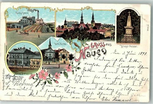 14641 O1550 Nauen , Havelland 1898 Lithographie Zuckerfabrik Kgl. Amtsgericht Kriegerdenkmal Kath. Kirche Stadtwappen
