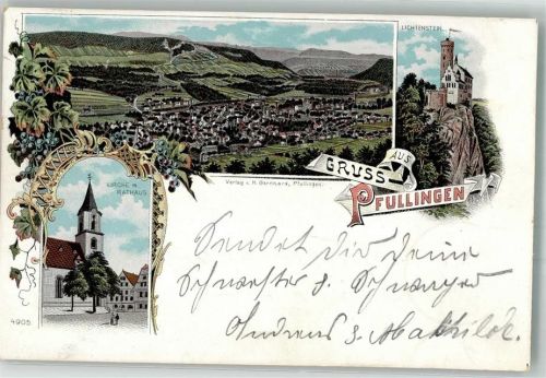 72793 W7417 Pfullingen 1898 Lithographie Burg Lichtenstein Kirche Rathaus