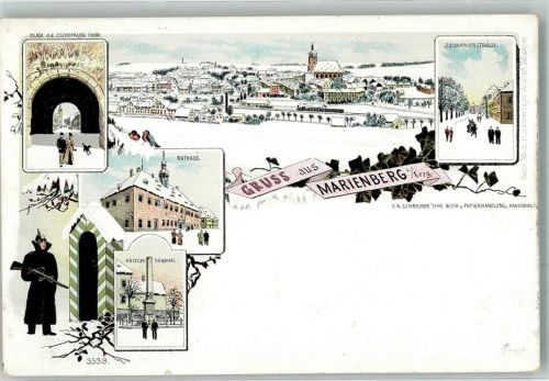 Marienberg Winterlithographie Wachmann Wachhäuschen Rathaus Zschopauerstraße Zschopauer-Tor