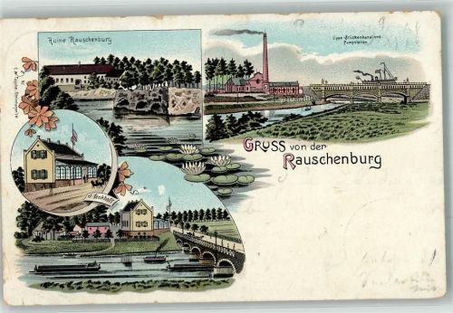 Olfen 1898 Lithographie Ruine Rauschenburg Lippe-Brückenkanal Pumpstation Gasthaus Tenkhoff