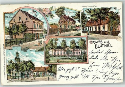 Beutnitz Mark 1908 Lithographie Warenhandlung Eichler Forstinspektion Kirchplatz Guts-Schloss
