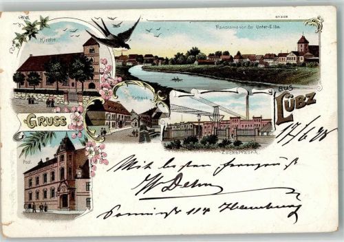 19386 O2860 Lübz 1898 Gebrauchsspuren Lithographie Rathaus Post Zuckerfabrik Unter Elbe Schwalbe