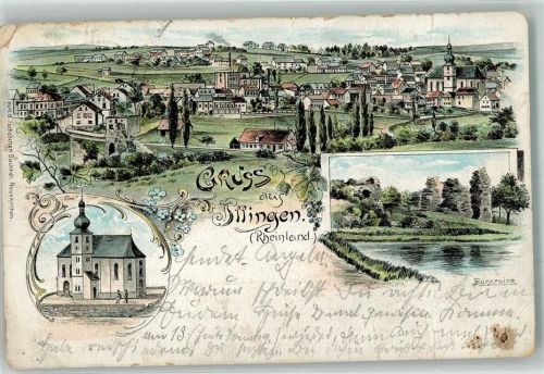 Illingen 1906 Lithographie Kirche Burgruine
