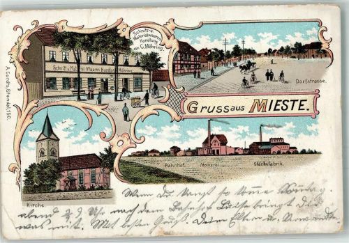 Mieste 1904 Lithographie Bahnhof Molkerei Stärkefabrik Materialwaren-Handlung Möhring