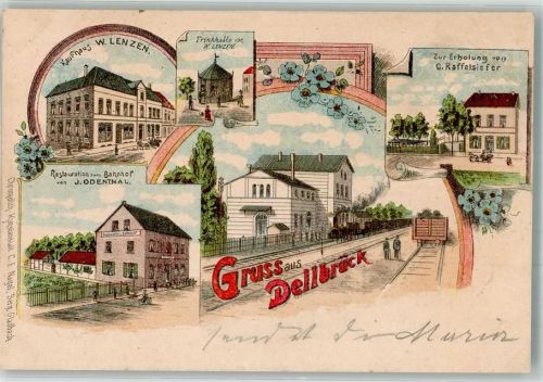 50667 W5000 Köln Dellbrück 905 1899 Gebrauchsspuren Lithographie Kaufhaus Lenzen Gasthaus zum Bahnhof Trinkhalle Lenzen Gasthaus Zur Erholung Bahnpost Köln- Zg. 693 Leim löst sich