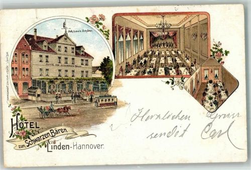 Linden 1897 Lithographie Hotel zum Schwarzen Bären Speisesaal Straßenbahn
