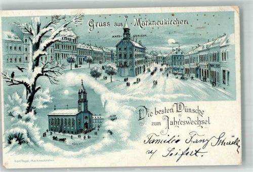 Markneukirchen 1900 Winterlithographie Amtsgericht Pferdeschlitten St. Nicolai-Kirche Bahnpost Chemnitz-Adorf Zg. 1778