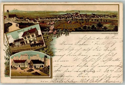 Buchau 1900 Lithographie Bahnhof Kirche Schloß