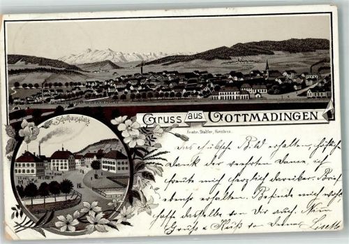 Gottmadingen 1898 Lithographie Schulhausplatz Bahnpost Konstanz-Basel Zg. 482