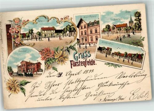 Fürstenfelde Boleszkowice Lithographie Rathaus Bahnhof Kleines Hotel Schulhaus Kaiserl. Postamt