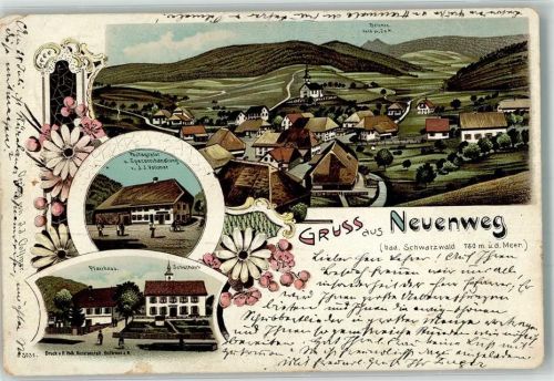 Neuenweg 1901 Lithographie Postagentur u. Spezereihandlung Vollmer Pfarrhaus Schule