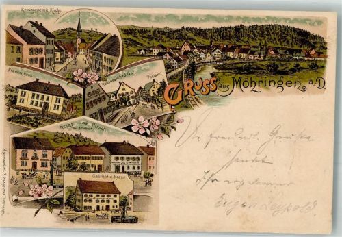 78532 W7200 Möhringen , Baden 1898 Lithographie Haus des A. Gut Postamt Gasthaus zur Krone Krankenhaus Kreuzgasse