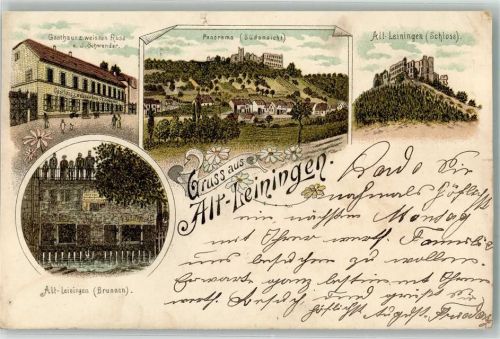 67316 W6719 Altleiningen Gebrauchsspuren Lithographie Gasthaus zum weissen Roß Schloß Alt-Leiningen Brunnen