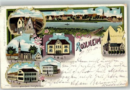 Bobenheim-Roxheim 1901 Lithographie Neue ev. Kirche Gemeindehaus Gasthaus zum grünen Baum Schule