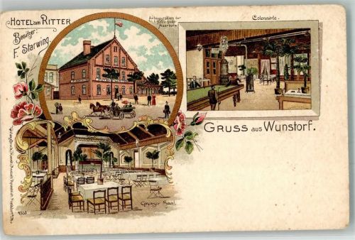 Wunstorf 1900 Lithographie Hotel zum Ritter Großer Saal Colonade Billardzimmer