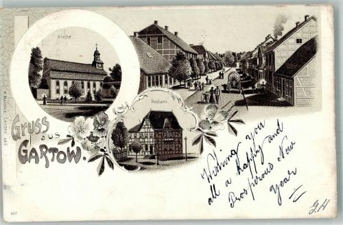 29471 W3136 Gartow , Elbe 1903 Gebrauchsspuren Lithographie Postamt Kirche Dorfstraße