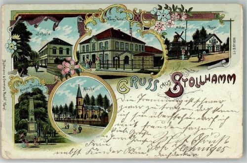 26969 W2890 Stollhamm 1901 Gebrauchsspuren Lithographie Kriegerdenkmal Schule Hotel Harms Windmühle Post