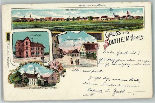89567 W7927 Sontheim an der Brenz Gebrauchsspuren Lithographie Schule Kunstmühle Dorfstraße
