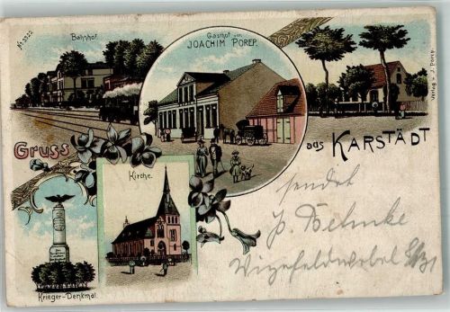 19357 O2919 Karstädt , Prignitz 1907 Gebrauchsspuren Lithographie Gasthaus Porep Bahnhof Kriegerdenkmal Dorfkirche