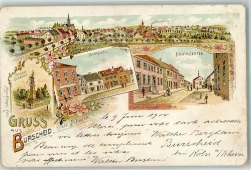 Burscheid 1900 Lithographie Hauptstraße Marktplatz Kriegerdenkmal