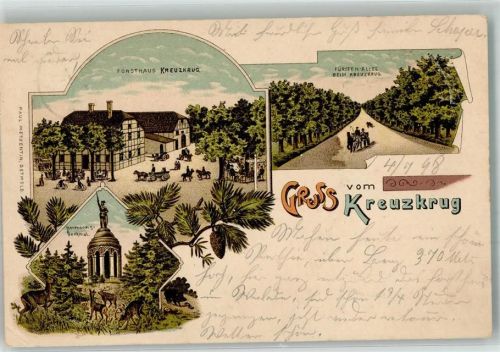 Schlangen 1898 Lithographie Kreuzkrug Hermanns-Denkmal Forsthaus Kreuzkrug Fürsten-Allee