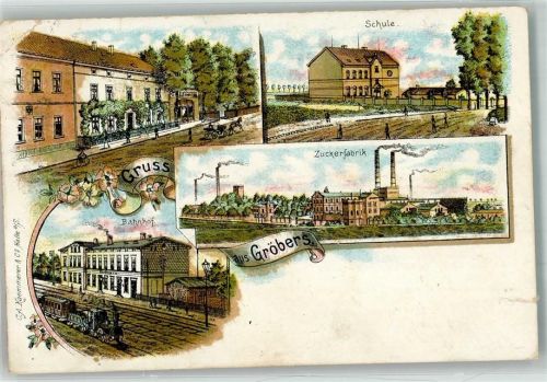 Gröbers 1915 Lithographie Bahnhof Zuckerfabrik Schule