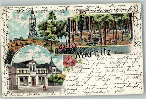 19376 O2851 Marnitz 1900 Gebrauchsspuren Lithographie Ruhm-Berg Aussichtsturm Geschäftshaus Michels Villa Koch