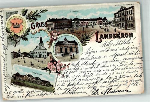 Lanskroun Landskron 1907 Lithographie Stadtplatz Rathaus Schlachthaus Turnhalle