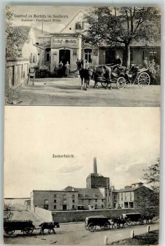Merbitz 1917 Zuckerfabrik Gasthaus zu Merbitz Kutsche Foto AK Feldpost
