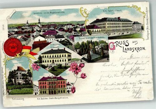 Lanskroun Landskron 1899 Lithographie Schlossberg K.K. Fachschule f. Weberei K.K. Tabak-Fabrik