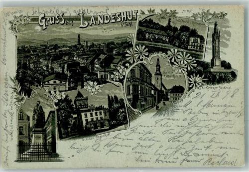 Landeshut in Schlesien Kamienna Góra 1898 Lithographie Bahnpost Liebau Ruhbank Zug 298 21.9.98 Kriegerdenkmal Stollberg Denkmal