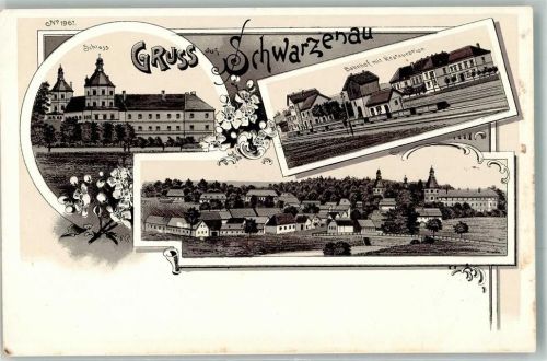 3900 Schwarzenau Lithographie Schloss Bahnhof
