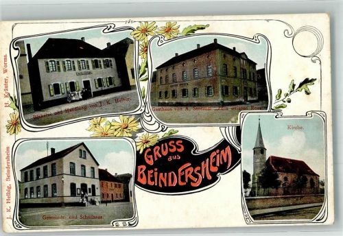 Beindersheim 1918 Gemeinde- u. Schulhaus Bäckerei Helbig Gasthaus zum weissen Roß Dorfkirche