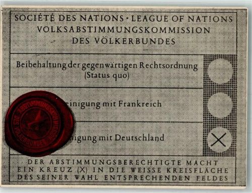 1935 Faksimiledruck einer Abstimmungskarte des Völkerbundes Siegel