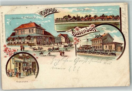 30900 W3002 Bissendorf , Han 1901 Gebrauchsspuren Lithographie Bahnhof Gasthaus Gödecke Gastube Bahnpost Hannover-Soltau Zg. 487 Erh. II-Eckmangel