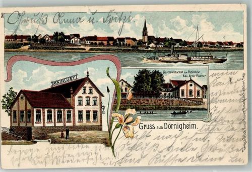 Dörnigheim 1910 Lithographie Mainraddampfer Gasthaus zur Mainlust
