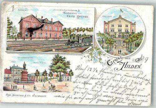 Hilden 1898 Bahnhof Pensionat Kaiserdenkmal Marktplatz Bahnpost Düsseldorf Zg. 555
