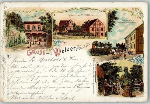 Welver 1904 Lithographie Bahnhof Gasthaus Huffelmann Gasthaus Hennenkemper Gartenwirtschaft Bahnpost Dortmund-