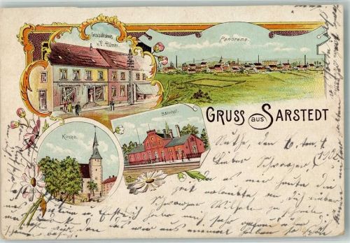 31157 W3203 Sarstedt 1900 Gebrauchsspuren Lithographie Bahnhof Geschäftshaus Hilmer