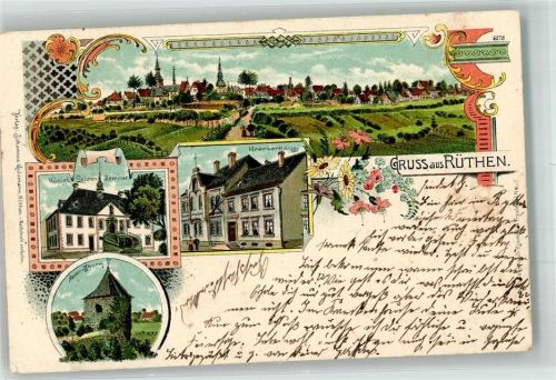 59602 W4784 Rüthen 1901 Gebrauchsspuren Lithographie Kgl. Lehrerseminar Krankenhaus Hexen-Turm