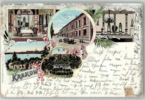 Krakow 1901 Lithographie Hotel Gütschow Speisezimmer Garten Krakower-See