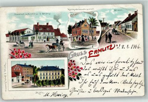 Ermlitz 1906 Lithographie Gasthaus zu Ermlitz Kleinkinderschule Mühle Dorfstraße