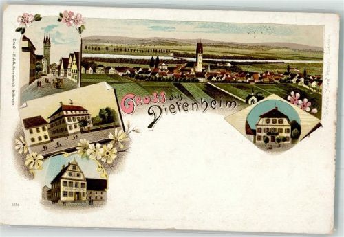 89165 W7905 Dietenheim , Iller Lithographie Kirchturm St. Martin Turm mit fünf Spitzen