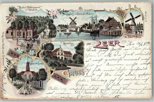 Leer 1903 Reformierte Kirche Hanenburg Windmühle Etablissement Martini Dampferanlegeplatz