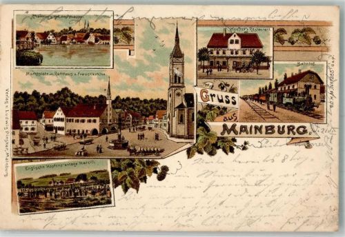 84048 W8302 Mainburg 1898 Lithographie Marktplatz Rathaus Frauenkirche Engl. Hopfenplantage Marzill Bahnhof